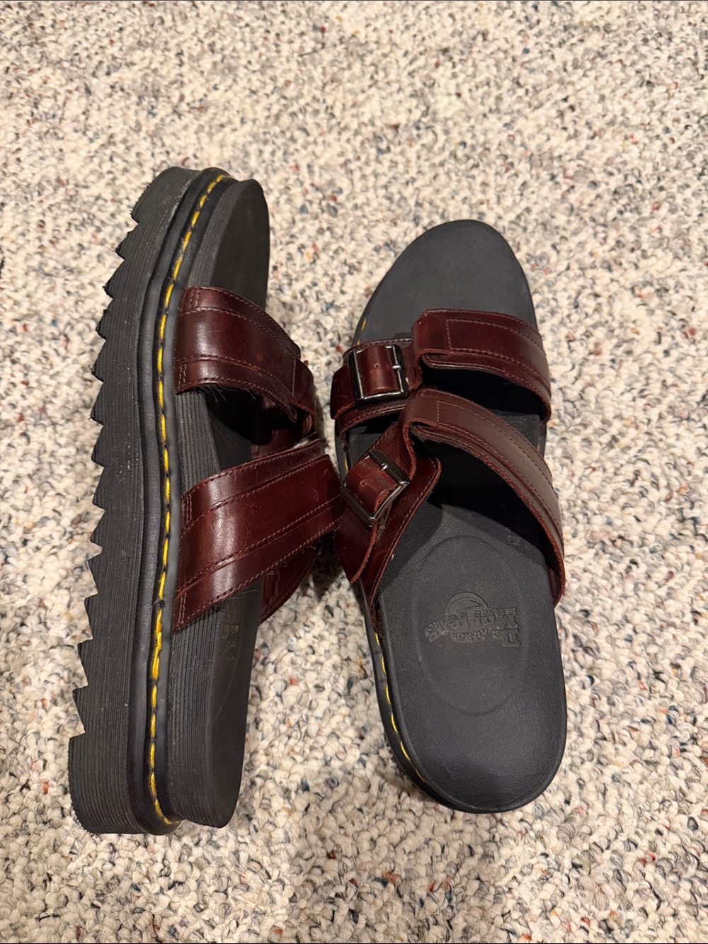 Dr. Martens Burgundy Leather Double-Buckle Slide Sandals with Yellow Stitching